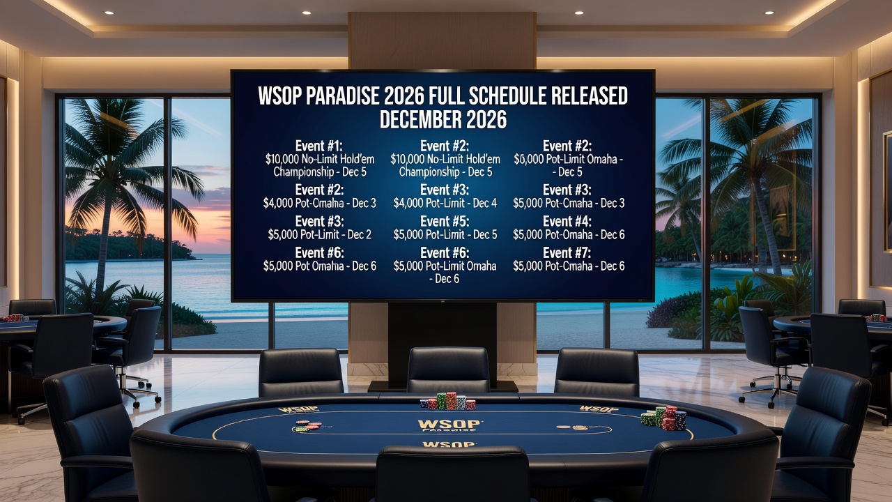 Poker tournament action at a WSOP Paradise event with players at felt tables