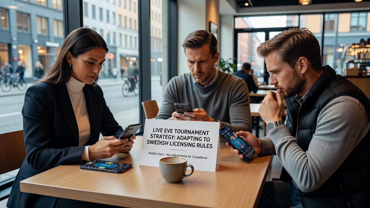 Group of poker enthusiasts discussing strategies during a licensed live tournament event in Sweden